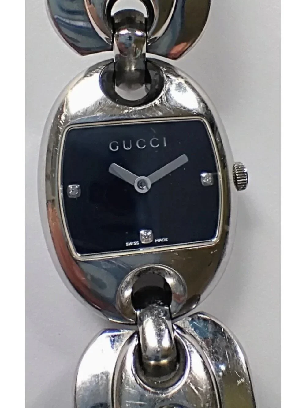 GUCCI Marina Chain Black Dial Women's Watch Diamond Markers 121.5 Pre-owned
